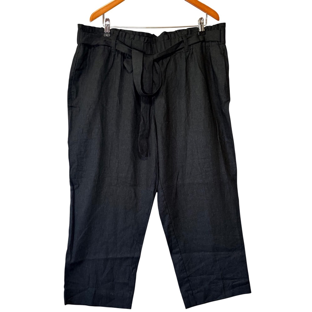 Anne Klein Black Linen Blend Paperbag Waist Cropped Pants Womens XL Belted‎